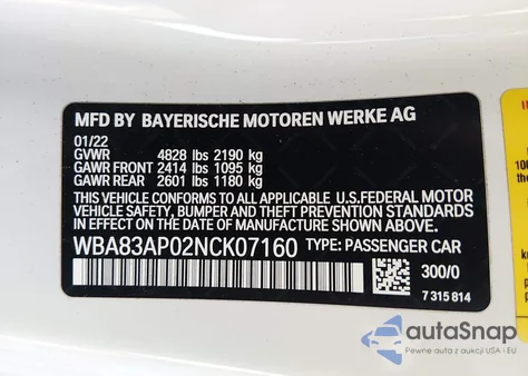 2022 BMW M440I z USA, uszkodzony, nr VIN WBA83AP02NCK07160